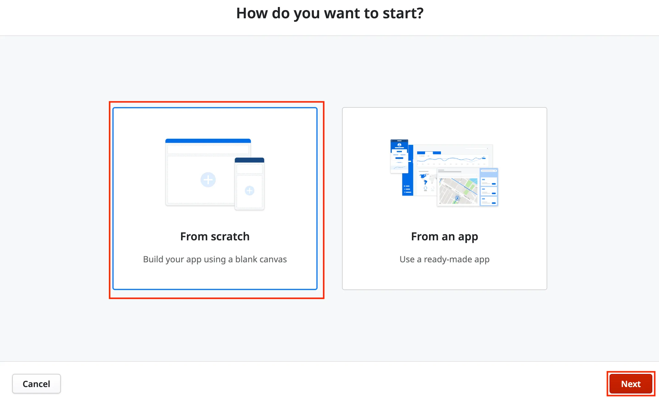 Select From scratch app option
