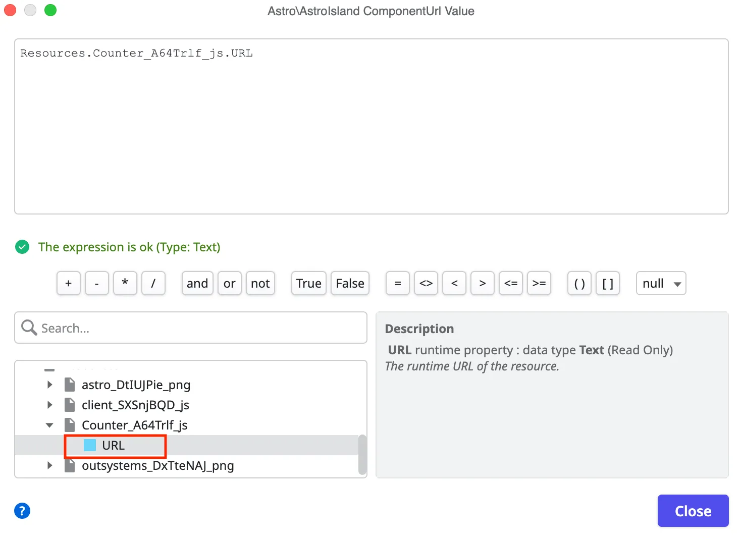Select Island Component URL value