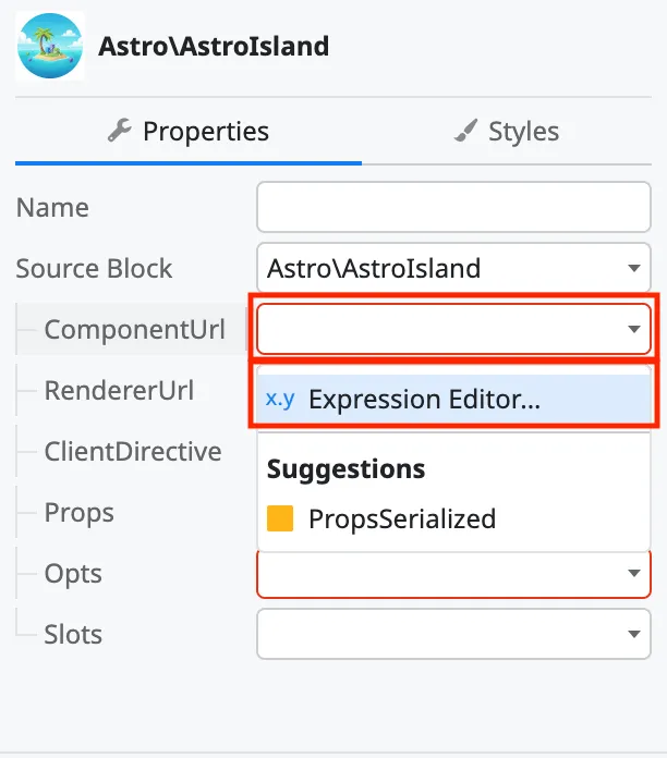 Parameter set Island Component URL