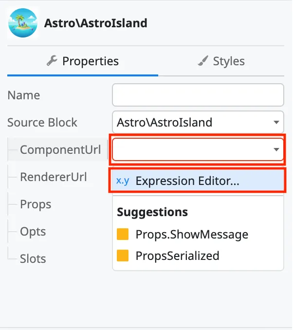 Parameter set Island Component URL