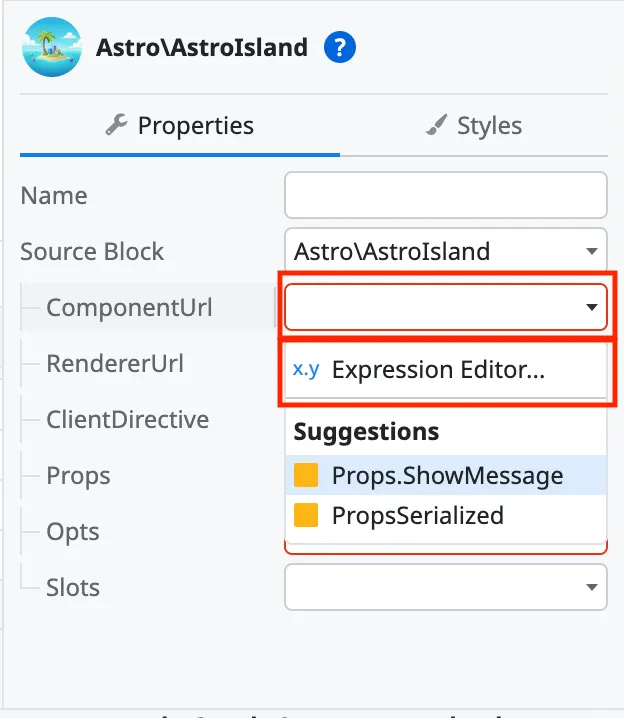 Parameter set Island Component URL