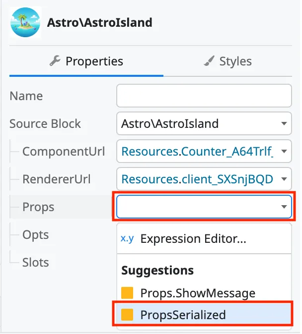 Select Island Props value