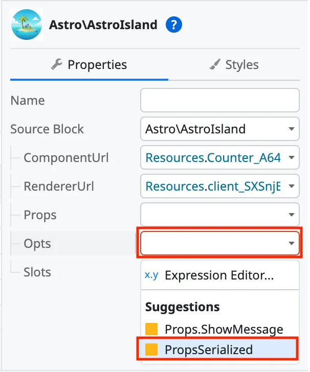 Select Island Props value