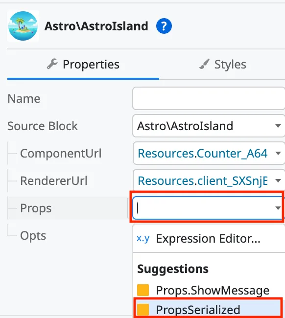 Select Island Props value