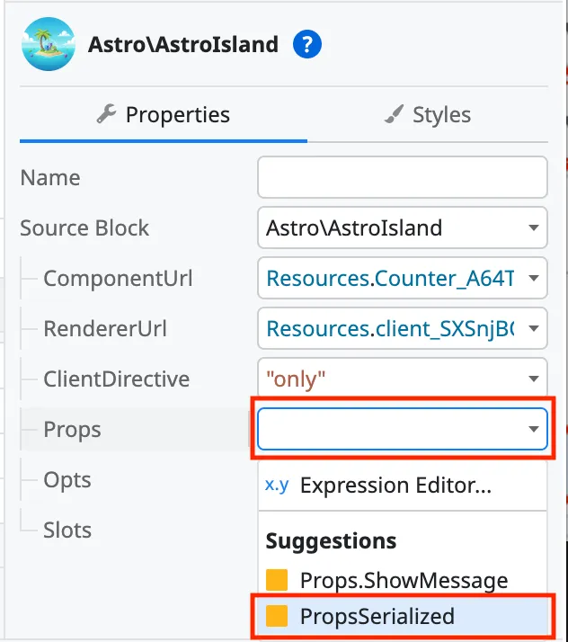Select Island Props value