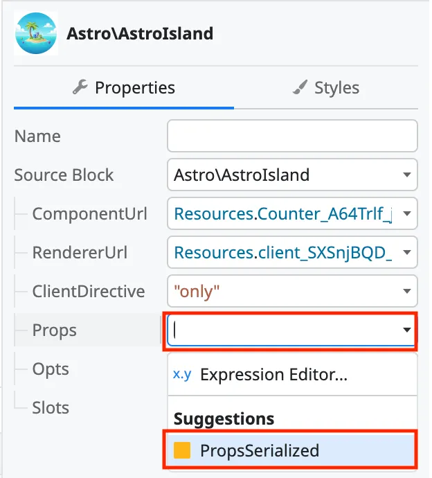 Select Island Props value