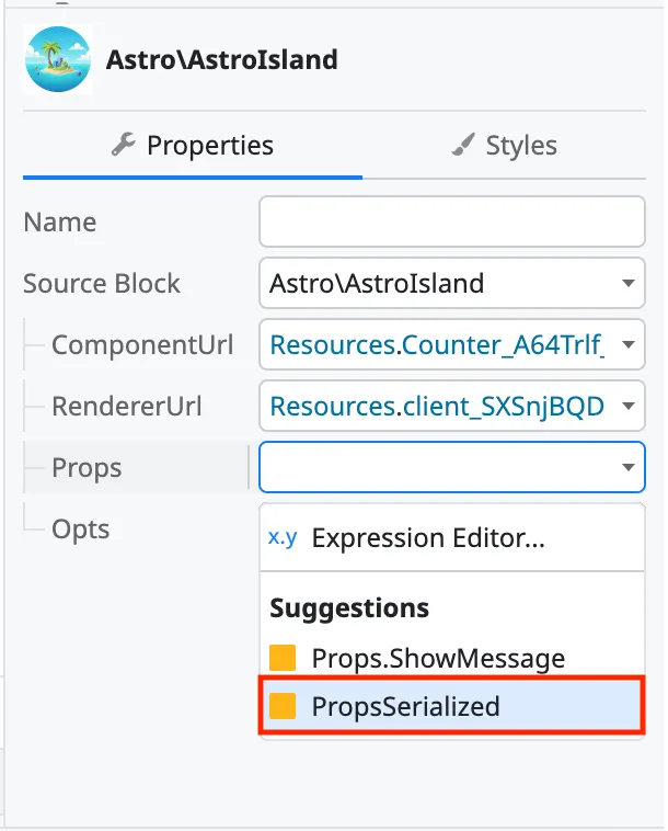 Select Island Props value