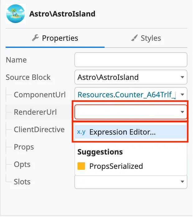 Parameter set Island Component URL
