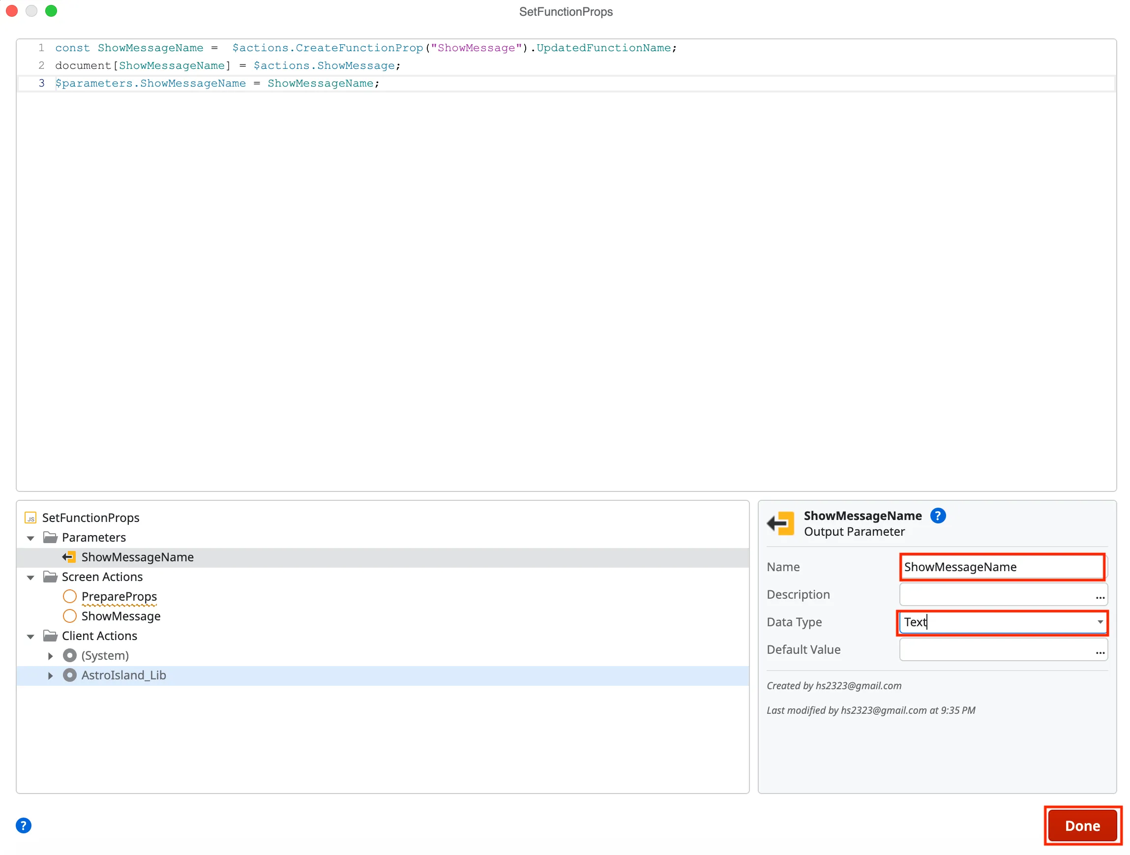 Set function props output name and type