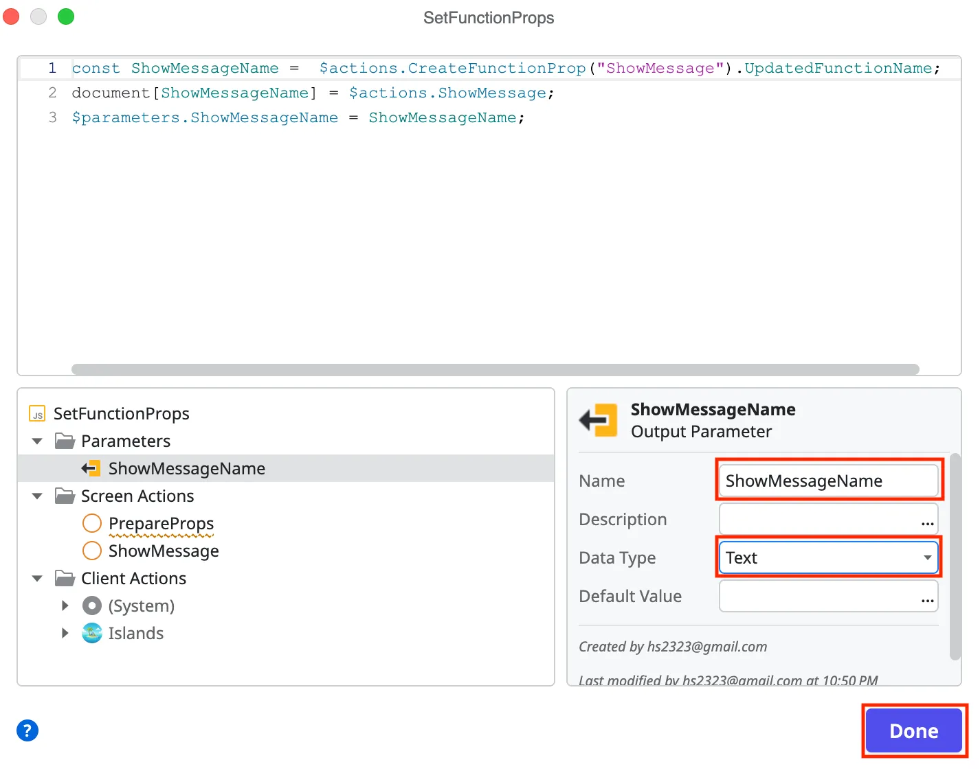 Set function props output name and type