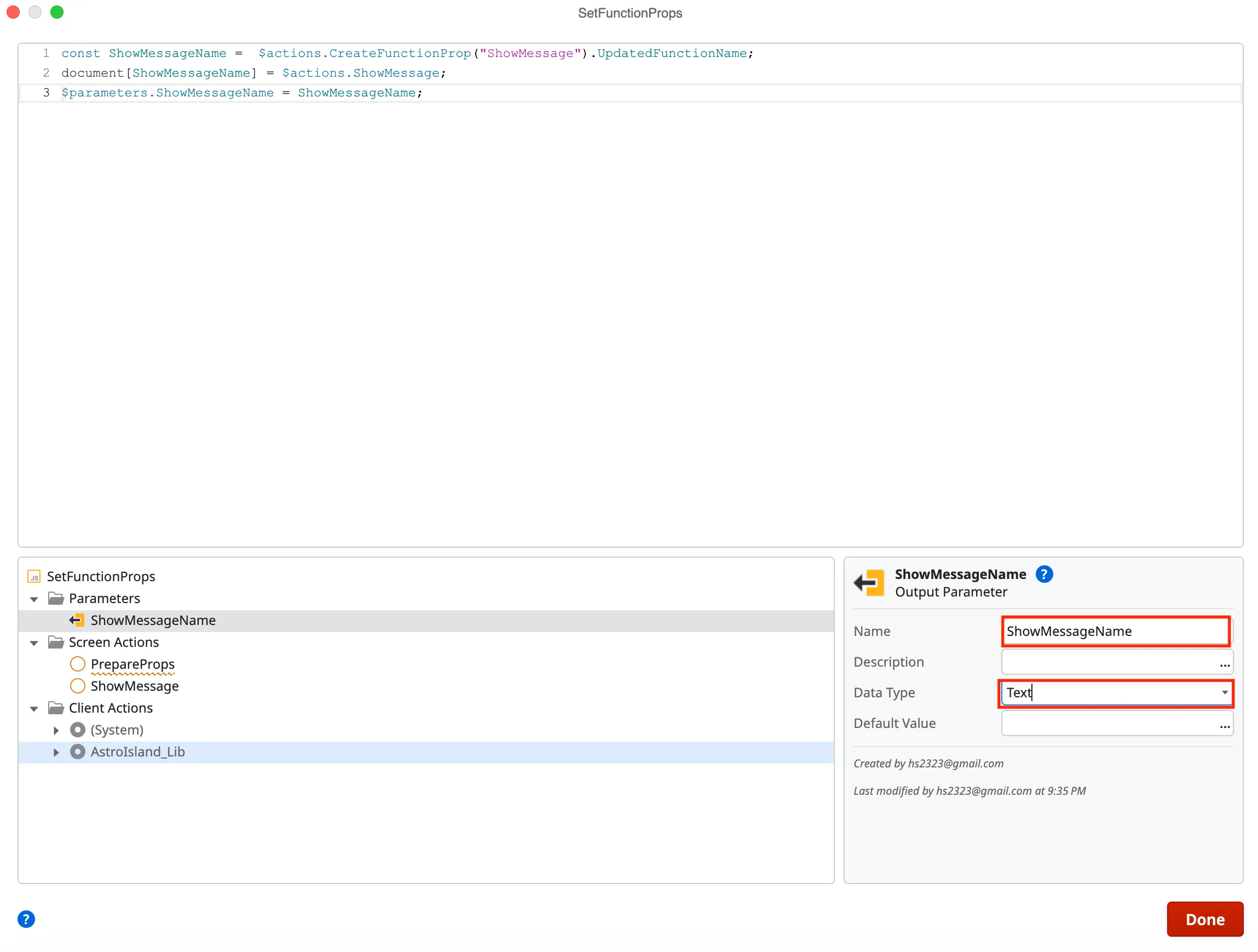 Set function props output name and type